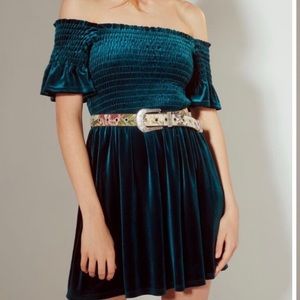 Urban Outfitters teal velvet strapless dress